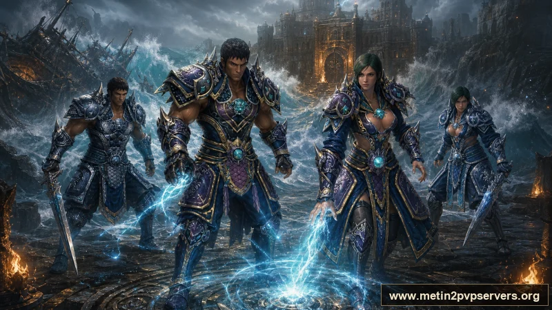 Fırtınalı sahilde Hwang zırhlı Metin2 savaşçıları için sinematik Metin2 wallpaper