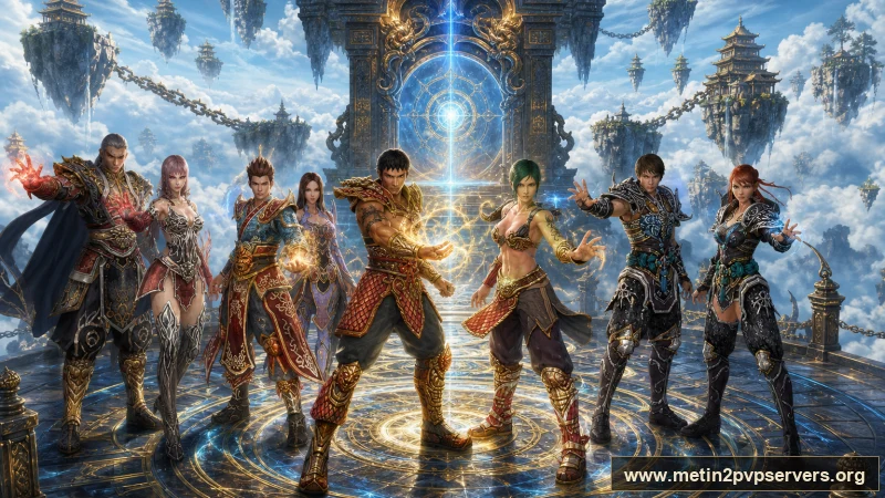 Göksel adada altın zırhlı dört Metin2 kahramanı için sinematik Metin2 wallpaper