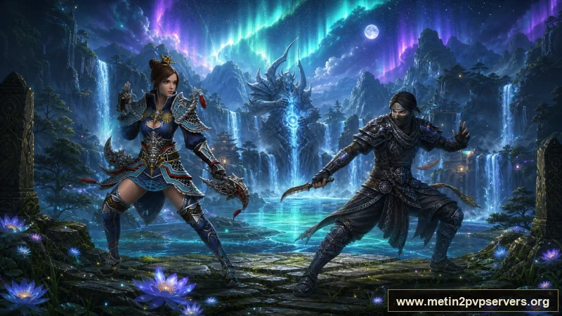Kuzey ışıklı geniş şelale vadisinde farklı zırhlara sahip kadın ve erkek ninja muhafızları için sinematik Metin2 wallpaper