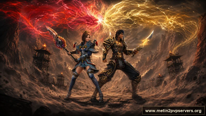 Toz girdaplı kızıl kanyonda farklı zırhlara sahip kadın ve erkek ninja muhafızları için sinematik Metin2 wallpaper