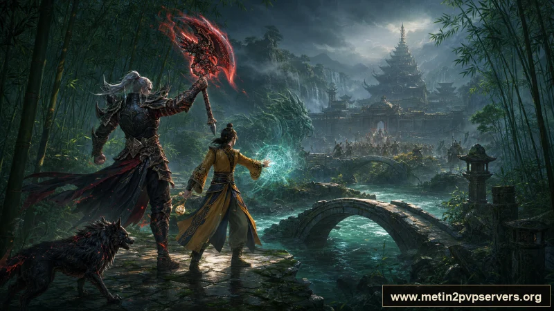 Yağmur sonrası sisli bambu vadisinde kızıl büyülü silahlı karanlık sura ve ruh büyüsü yapan şaman için sinematik Metin2 wallpaper