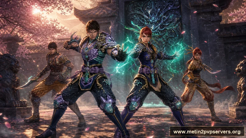 Kiraz çiçekli kale avlusunda farklı zırhlı Metin2 ninja ekibi için sinematik Metin2 wallpaper