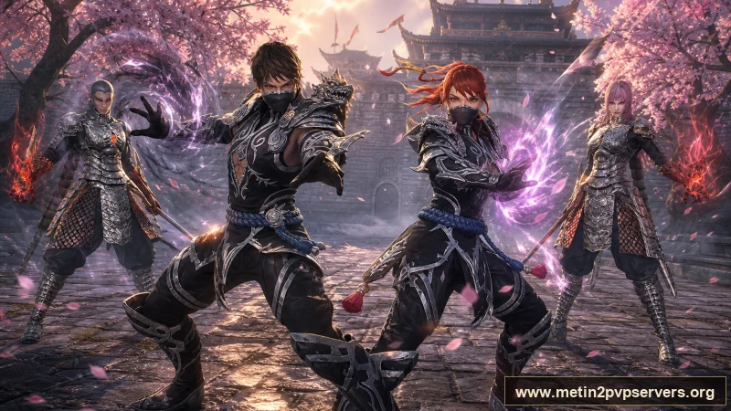 Kiraz çiçekli kale avlusunda ninja ve sura Metin2 akıncıları için sinematik Metin2 wallpaper