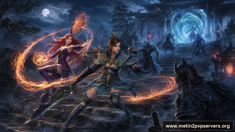 Dolunaylı sisli dağ tapınağında kızıl saçlı büyücü ve çevik kadın ninja için sinematik Metin2 wallpaper