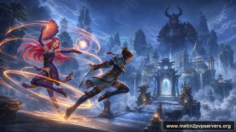 Bulutların üzerindeki göksel adada kızıl saçlı büyücü ve çevik kadın ninja için sinematik Metin2 wallpaper