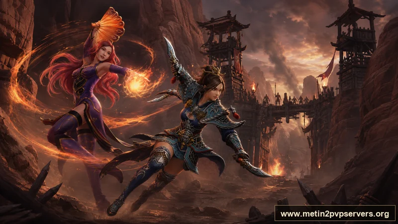 Toz girdaplı kızıl kanyonda kızıl saçlı büyücü ve çevik kadın ninja için sinematik Metin2 wallpaper