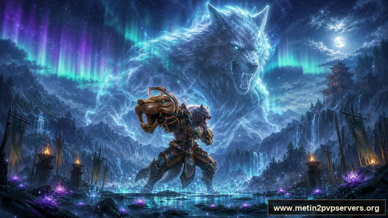 Kuzey ışıklı geniş şelale vadisinde dev ruh kurdunun altında kurt zırhlı savaşçı için sinematik Metin2 wallpaper