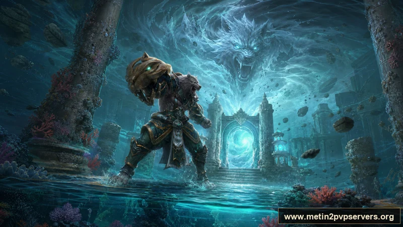 Turkuaz ışıklı batık tapınakta dev ruh kurdunun altında kurt zırhlı savaşçı için sinematik Metin2 wallpaper