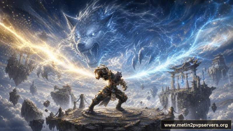 Bulutların üzerindeki göksel adada dev ruh kurdunun altında kurt zırhlı savaşçı için sinematik Metin2 wallpaper