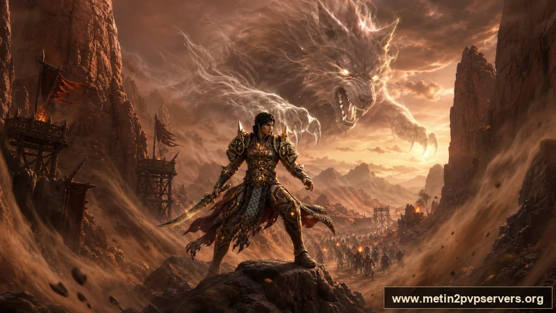 Toz girdaplı kızıl kanyonda dev ruh kurdunun altında kurt zırhlı savaşçı için sinematik Metin2 wallpaper