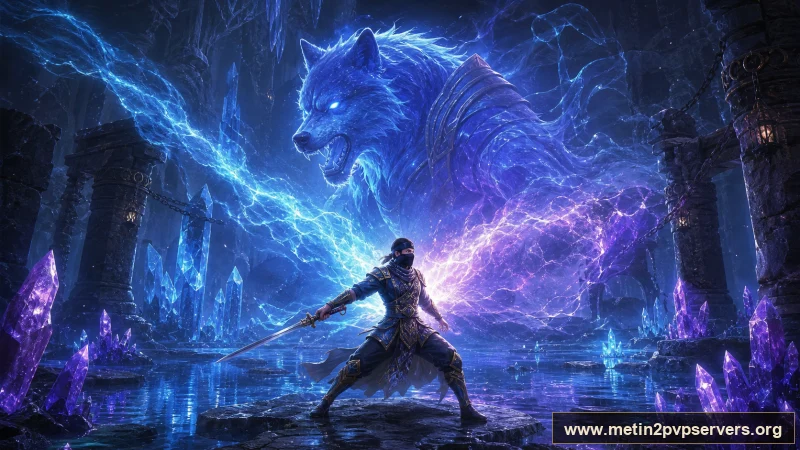 Mavi mor kristalli büyük mağarada dev ruh kurdunun altında kurt zırhlı savaşçı için sinematik Metin2 wallpaper