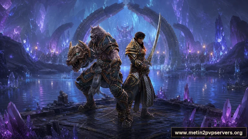 Mavi mor kristalli büyük mağarada kurt zırhlı savaşçı ve uzun kılıçlı savaşçı için sinematik Metin2 wallpaper