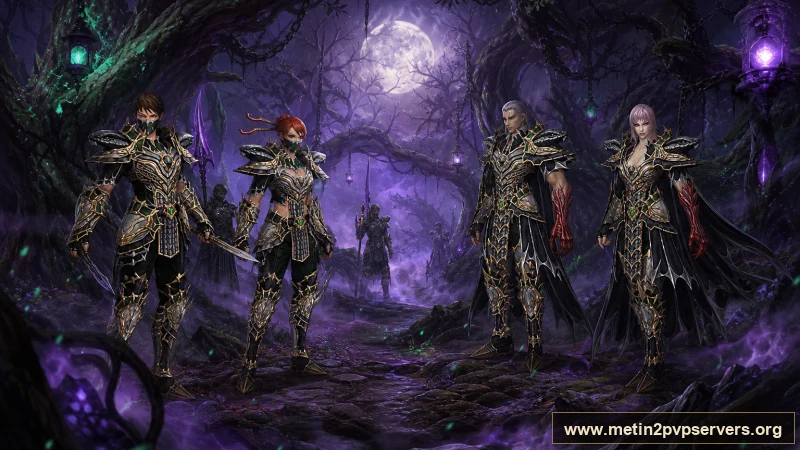 Lanetli ormanda ay ışığında ninja ve sura Metin2 nöbetçileri için sinematik Metin2 wallpaper