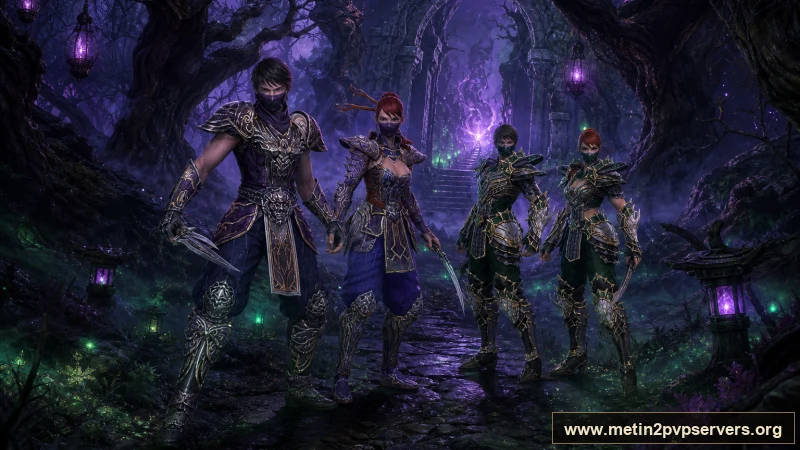 Lanetli ormanda farklı zırhlı Metin2 ninja ekibi için sinematik Metin2 wallpaper