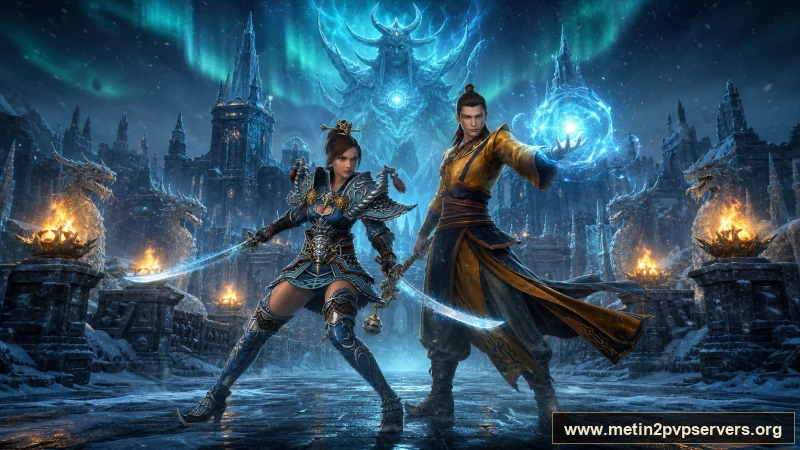 Kuzey ışıklı donmuş kale köprüsünde zırhlı kadın ninja ve büyü yapan erkek şaman için sinematik Metin2 wallpaper