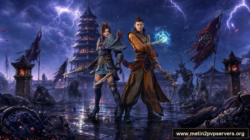 Şimşekli gece pagodasının avlusunda zırhlı kadın ninja ve büyü yapan erkek şaman için sinematik Metin2 wallpaper