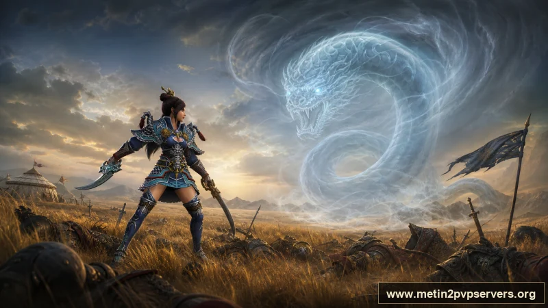 Altın otlu geniş bozkırda kadın ninja ve sis içindeki dev yılan ruhu için sinematik Metin2 wallpaper