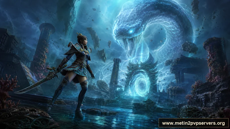 Turkuaz ışıklı batık tapınakta kadın ninja ve sis içindeki dev yılan ruhu için sinematik Metin2 wallpaper