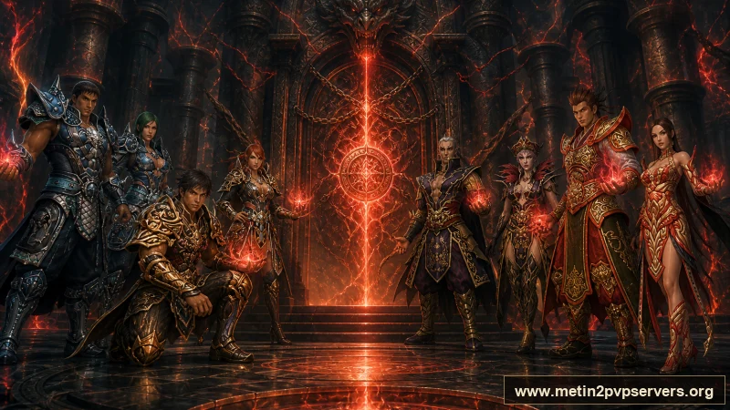 Obsidyen taht salonunda altın zırhlı dört Metin2 kahramanı için sinematik Metin2 wallpaper
