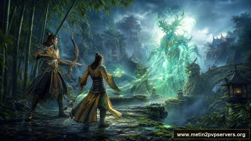 Yağmur sonrası sisli bambu vadisinde uzun yaylı okçu ve yolu aydınlatan şaman için sinematik Metin2 wallpaper