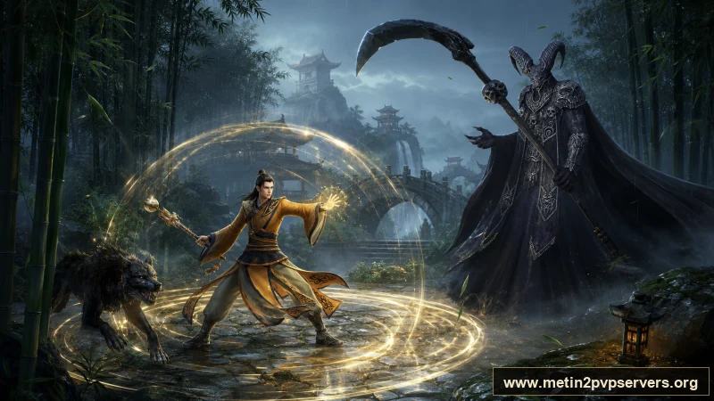 Yağmur sonrası sisli bambu vadisinde ışık büyüsü yapan şaman ve tırpanlı boynuzlu Azrail için sinematik Metin2 wallpaper