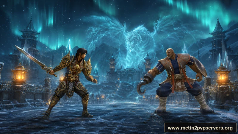 Kuzey ışıklı donmuş kale köprüsünde uzun kılıçlı savaşçı ile Bestial Kaptan düellosu için sinematik Metin2 wallpaper