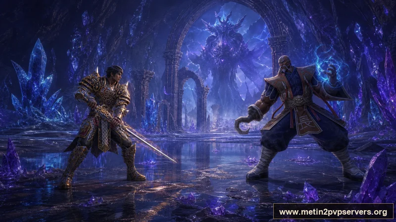 Mavi mor kristalli büyük mağarada uzun kılıçlı savaşçı ile Bestial Kaptan düellosu için sinematik Metin2 wallpaper