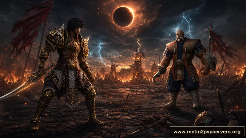 Güneş tutulmalı savaş meydanında uzun kılıçlı savaşçı ile Bestial Kaptan düellosu için sinematik Metin2 wallpaper