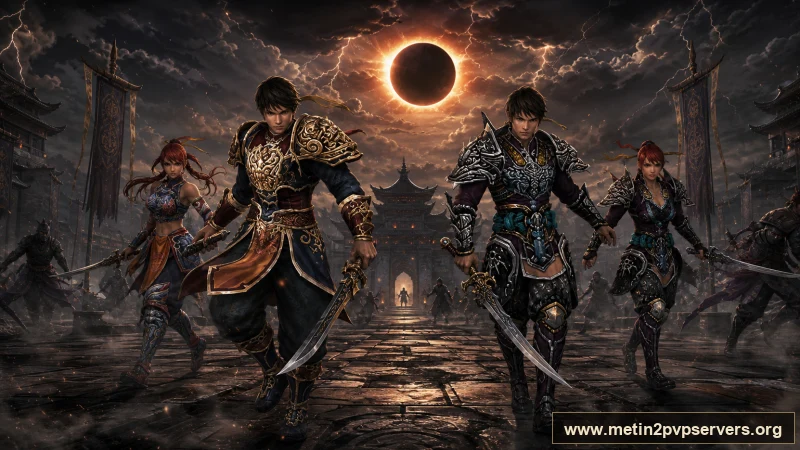 Tutulma meydanında farklı zırhlı Metin2 ninja ekibi için sinematik Metin2 wallpaper