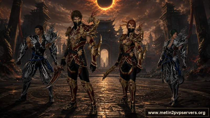 Tutulma meydanında ninja ve Hwang zırhlı Metin2 muhafızları için sinematik Metin2 wallpaper