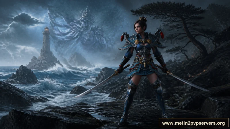 Dev dalgalı fırtınalı kayalık sahilde çift kılıçlı samuray zırhlı kadın ninja için sinematik Metin2 wallpaper