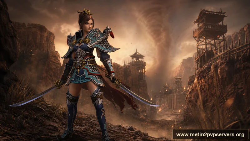 Toz girdaplı kızıl kanyonda çift kılıçlı samuray zırhlı kadın ninja için sinematik Metin2 wallpaper