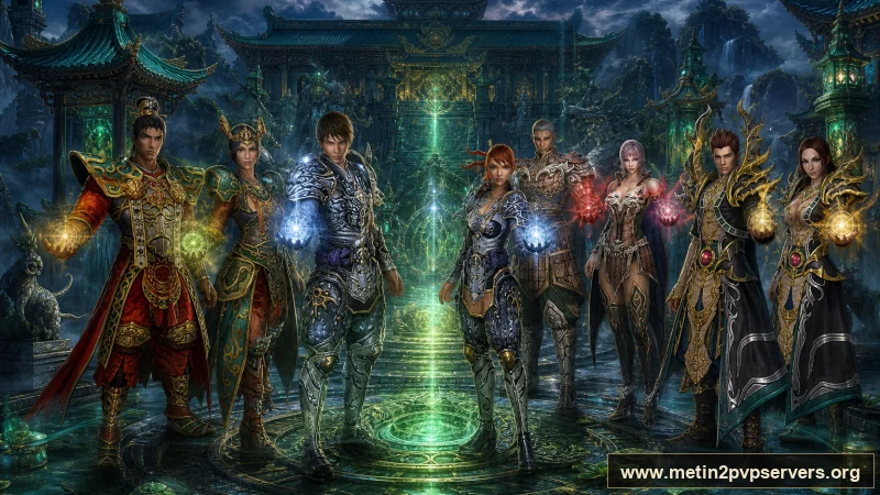 Yeşim sarayında altın zırhlı dört Metin2 kahramanı için sinematik Metin2 wallpaper