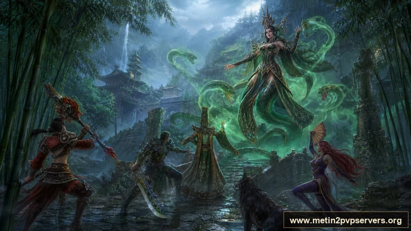 Yağmur sonrası sisli bambu vadisinde zümrüt zırhlı yılan kraliçe ve ruh yılanları için sinematik Metin2 wallpaper