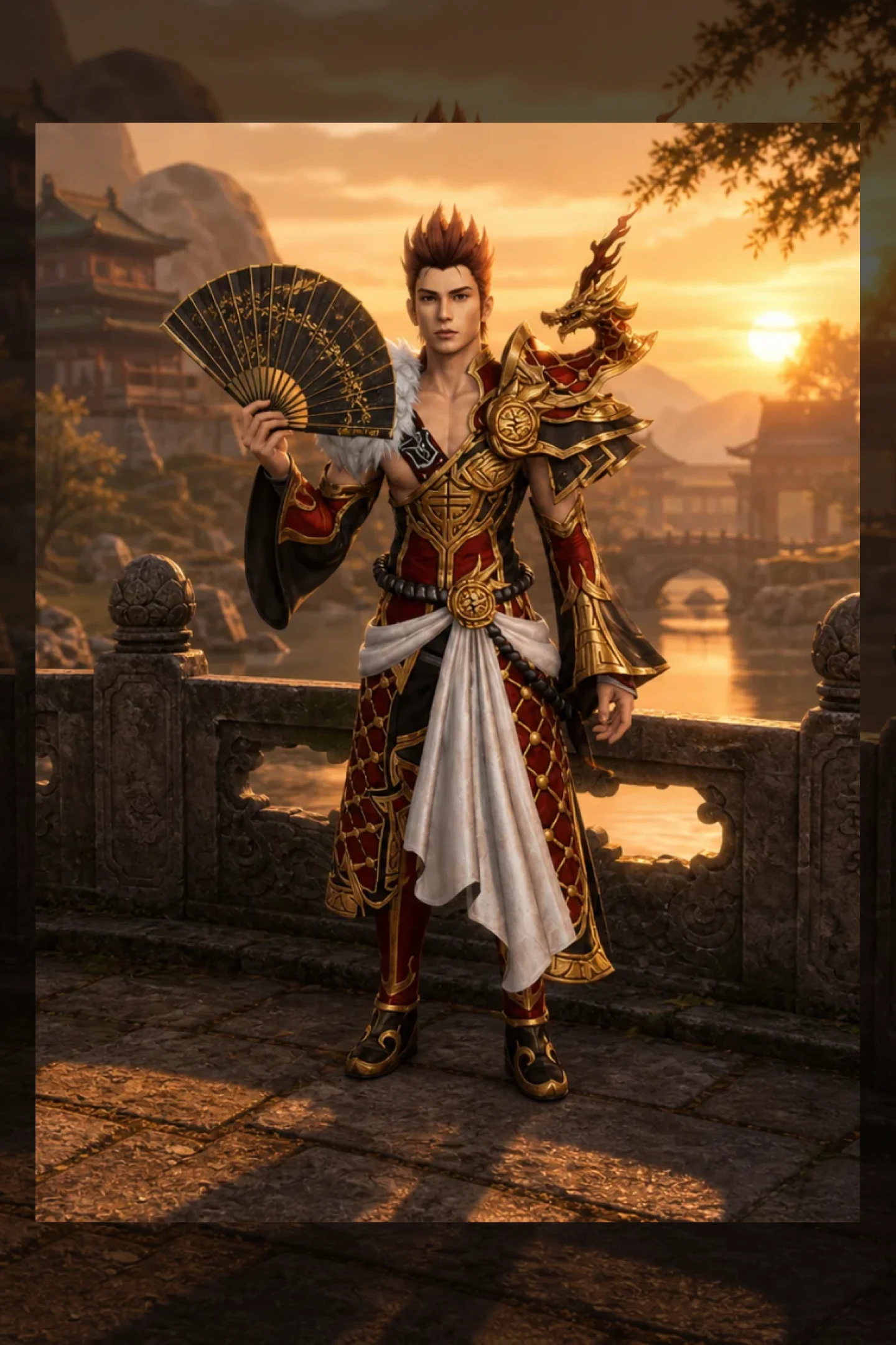 Yakut Elbiseli Metin2 Şaman erkek Metin2 Şaman karakteri, yelpaze veya çan ile gün batımıyla aydınlanan saray yolu dikey telefon duvar kağıdı