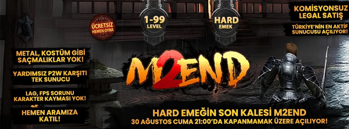 M2End için 1–99 Hard Emek, komisyonsuz legal satış ve 21:00 açılış saatini gösteren tanıtım kapağı.